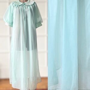 Chiffon Peignoir Vintage Robe Sheer Blue Puff Sleeve 1960s Duster Robe
